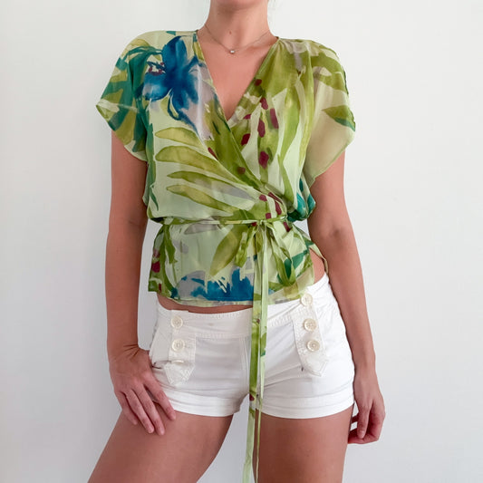 Y2K MaxMara Green Watercolor Silk Wrap Blouse / SZ 6