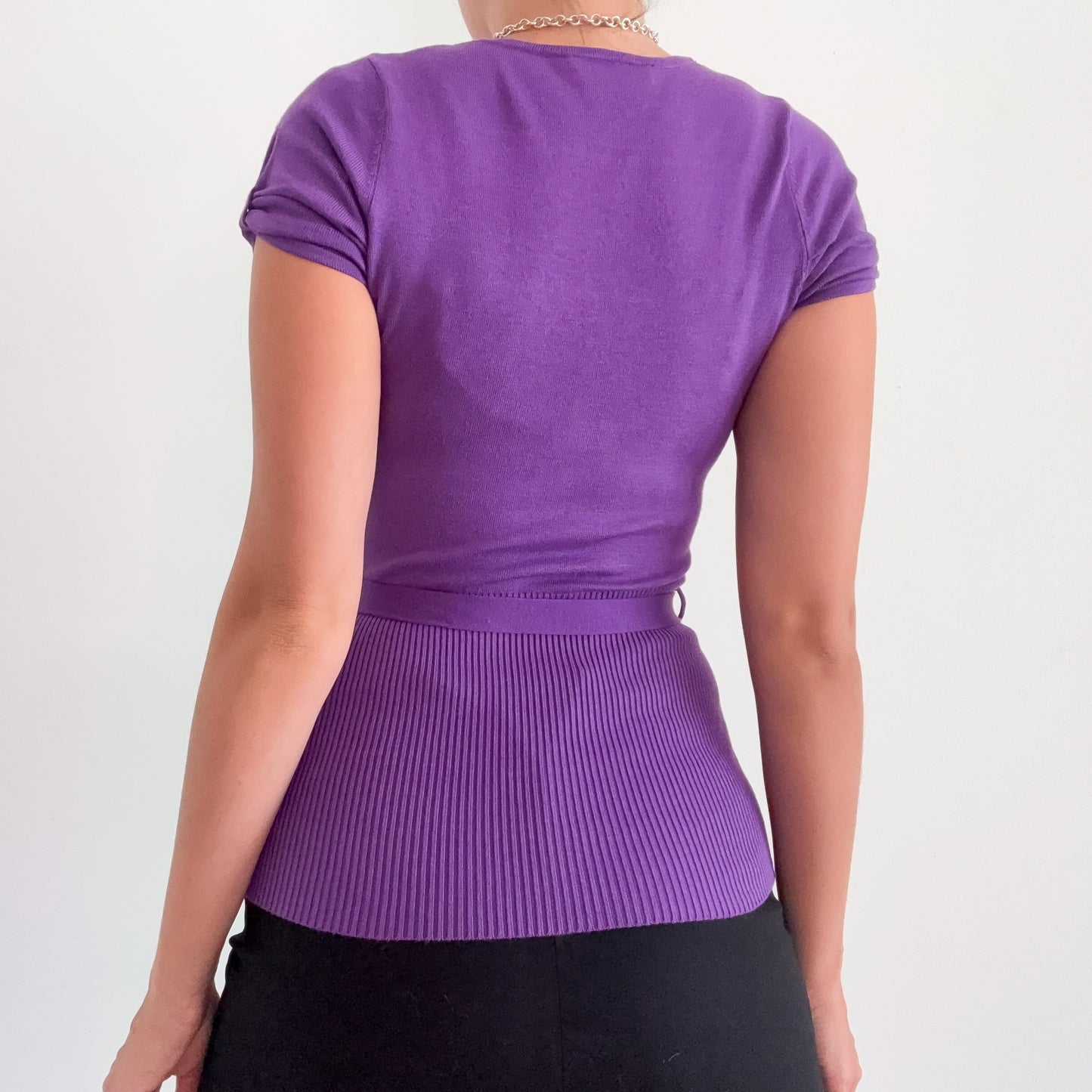Y2K Purple Knit Puff Sleeve Tie Top / SZ S