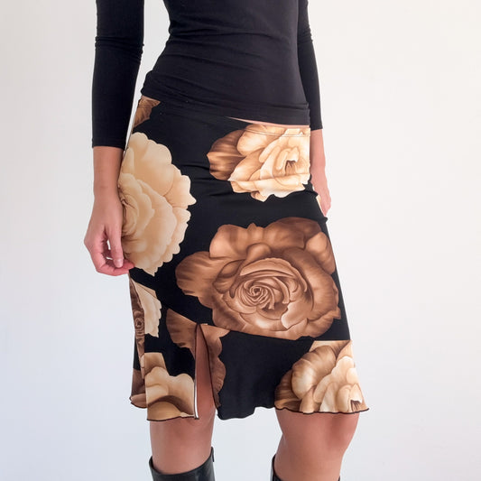 90's Black & Brown Rose Midi Skirt / SZ M