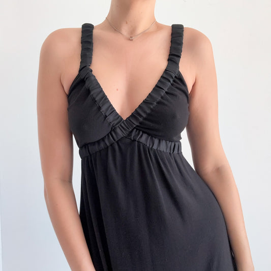 Y2K Black Satin Scrunch Trim Midi Dress / SZ S