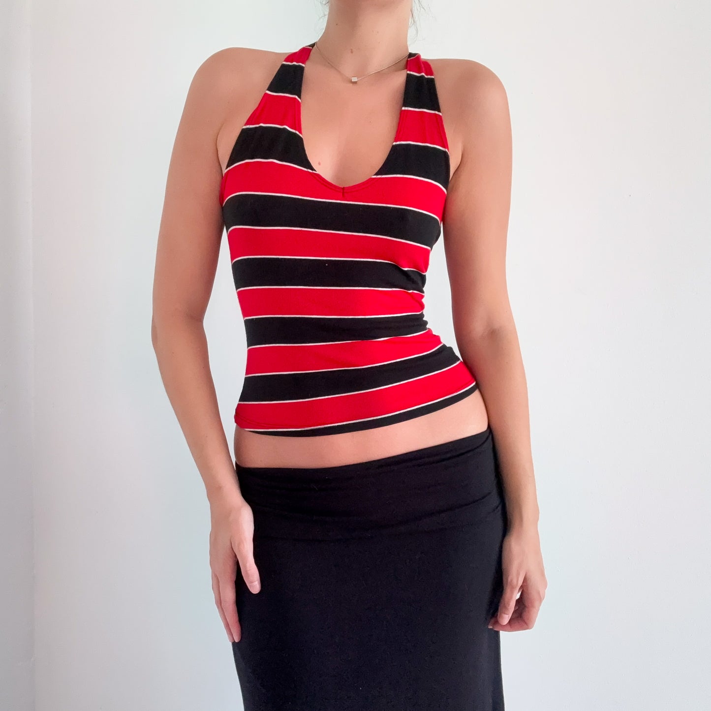 Y2K Red & Black Striped Halter Top / SZ S-M