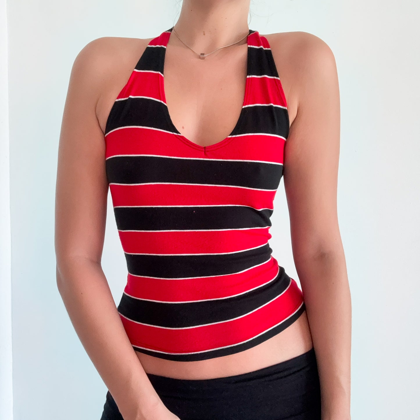Y2K Red & Black Striped Halter Top / SZ S-M