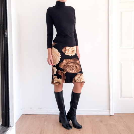 90's Black & Brown Rose Midi Skirt / SZ M