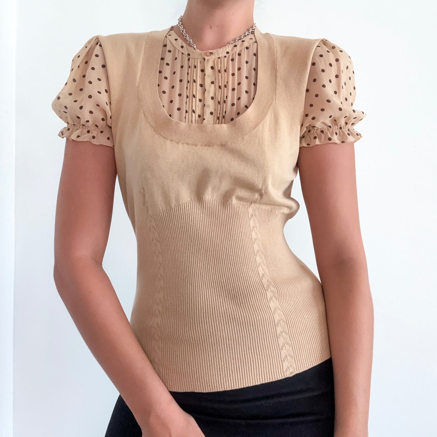 Y2K Nude Silk Knit Layered Polka Dot Top / SZ M