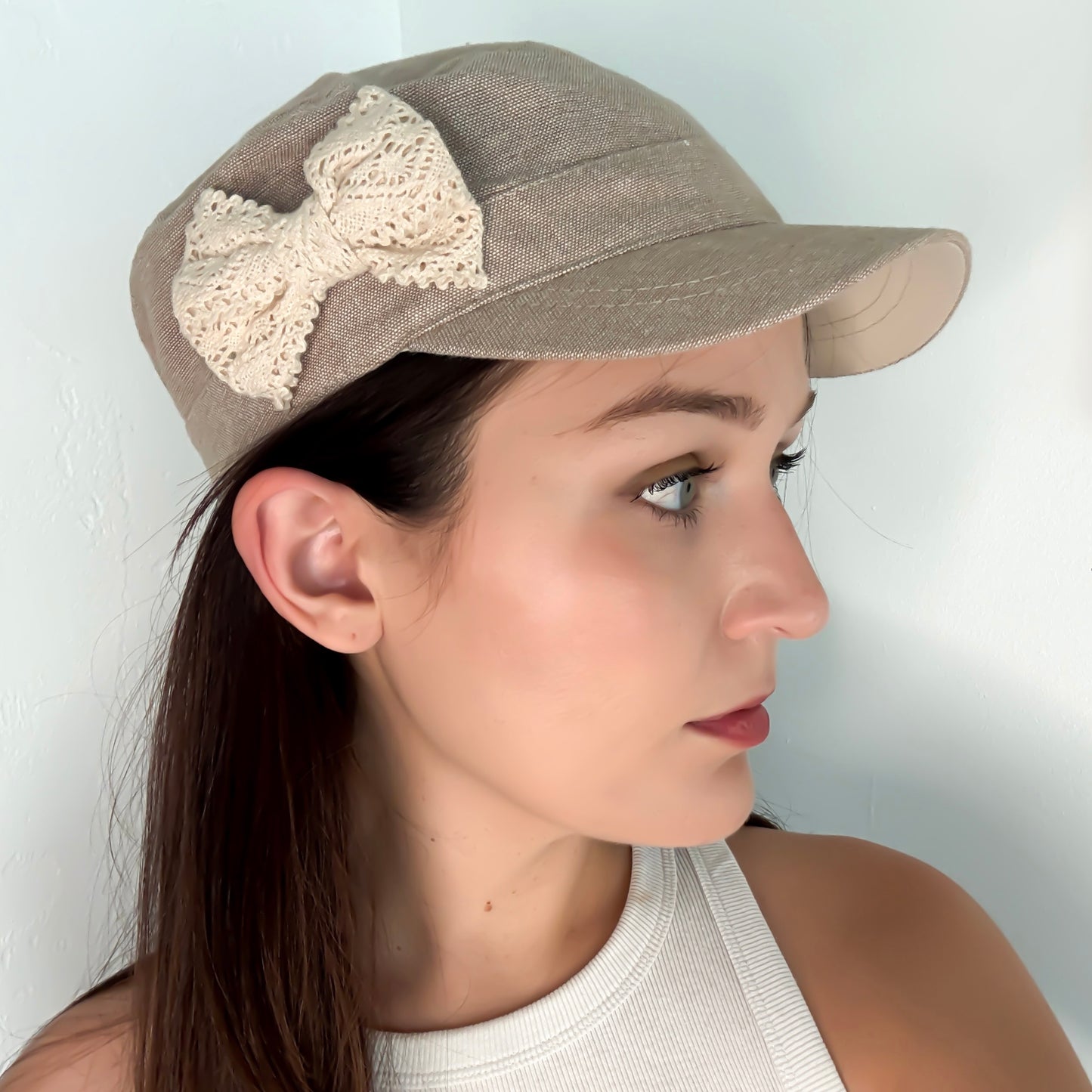 Y2K Ecru Linen Bow Army Cap
