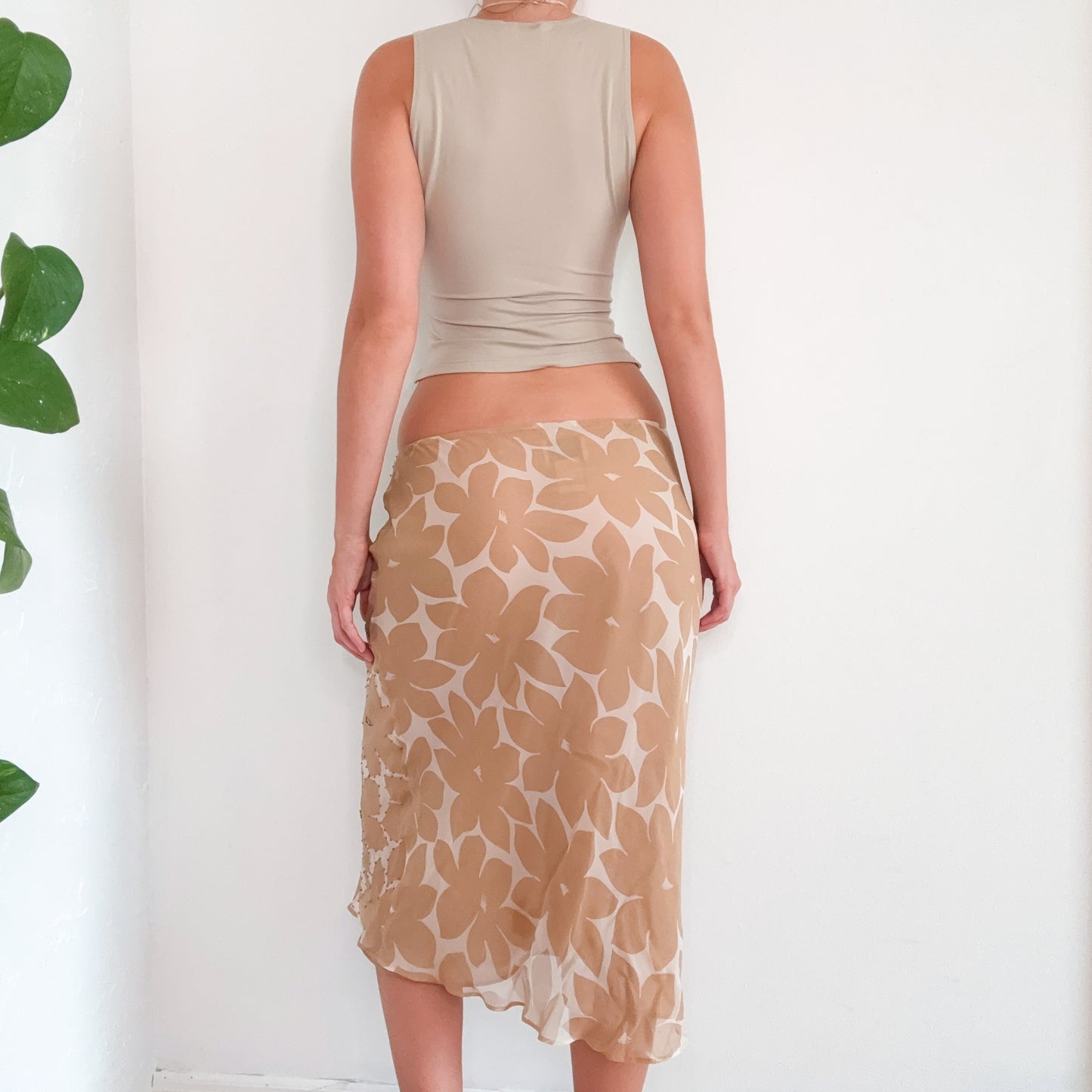 Y2K Tan Floral Silk Beaded Midi Skirt / SZ M/L