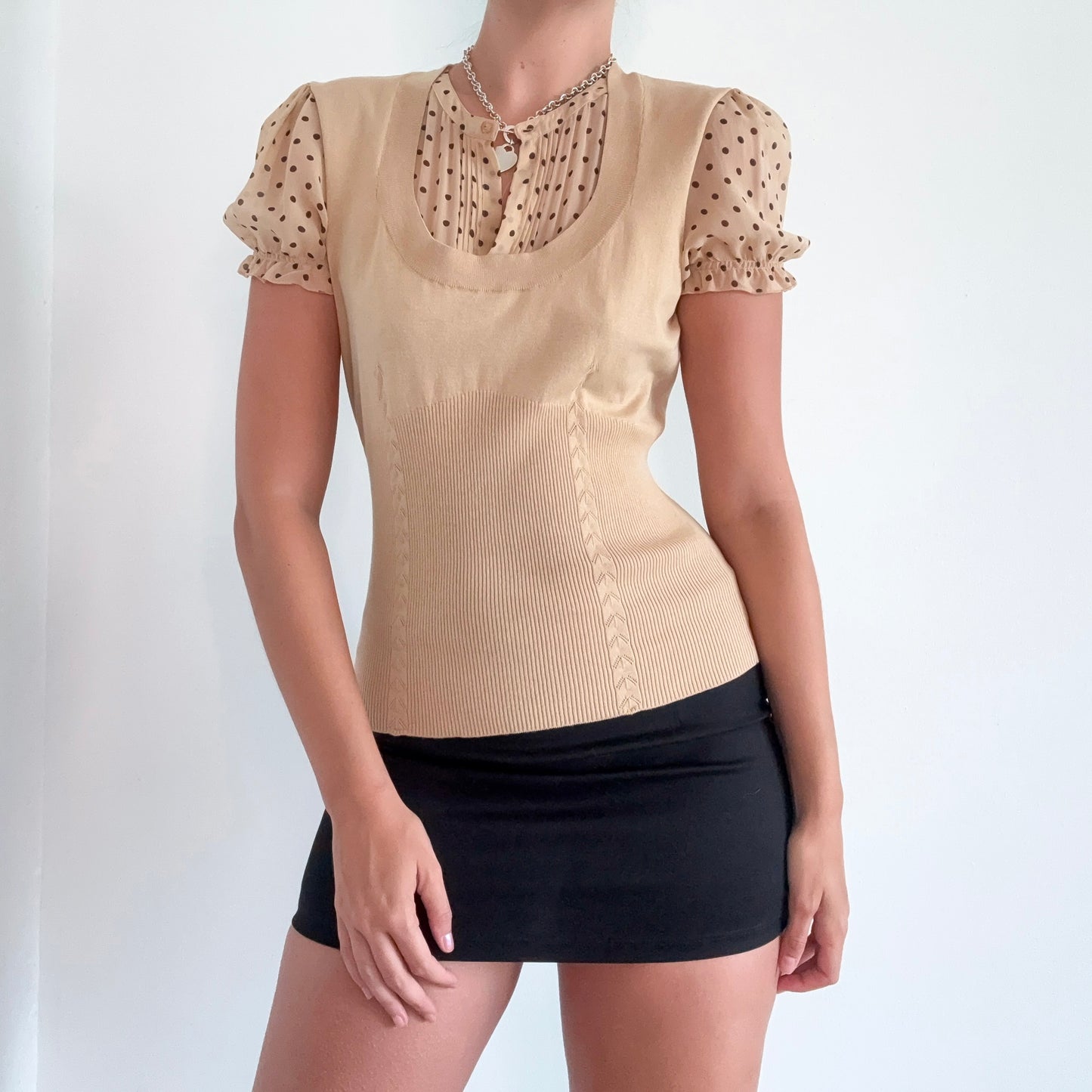 Y2K Nude Silk Knit Layered Polka Dot Top / SZ M