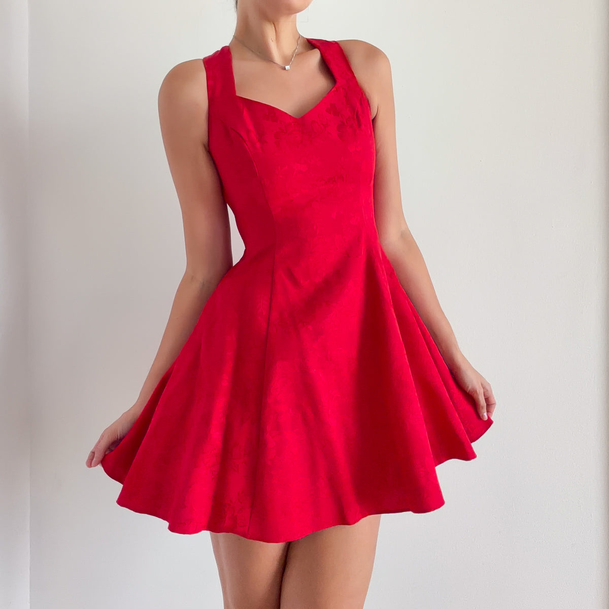 80's Red Brocade Lace Up Cocktail Dress / SZ S