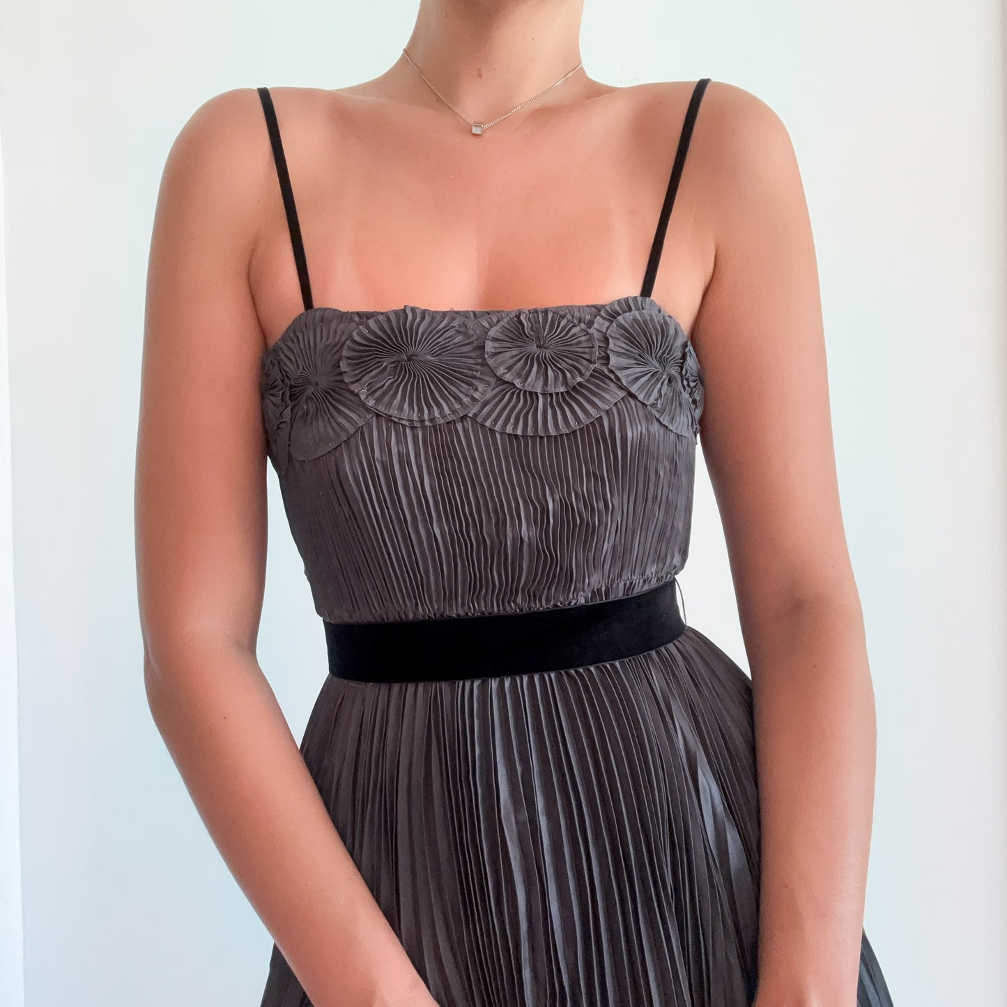 Y2K Grey Pleated Rosette Midi Dress / SZ S/M