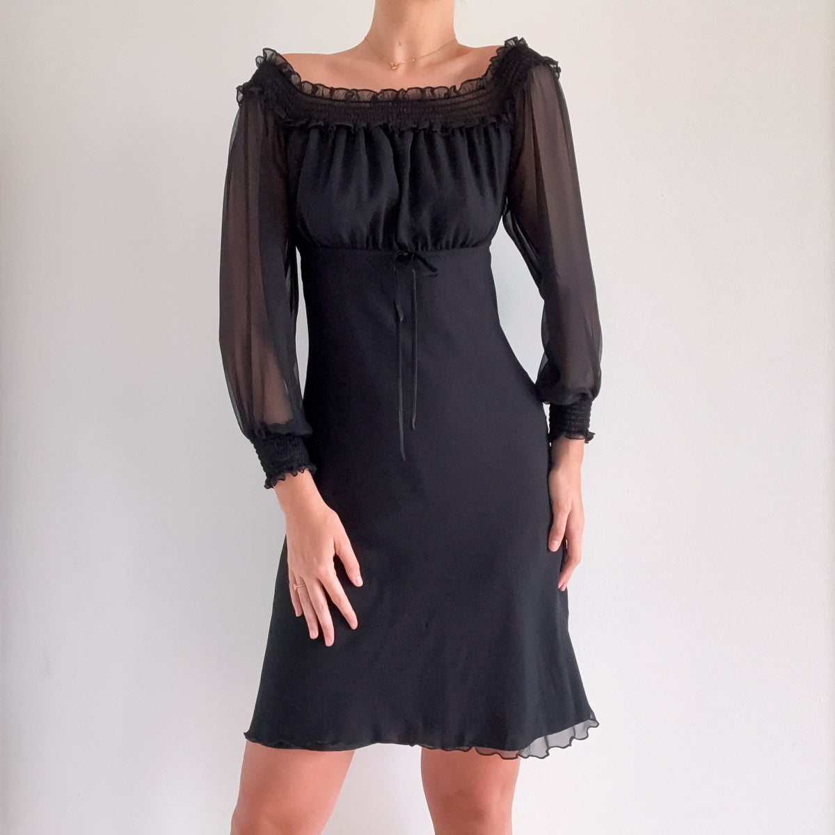 Y2K Black Chiffon Off The Shoulder Dress / SZ 4