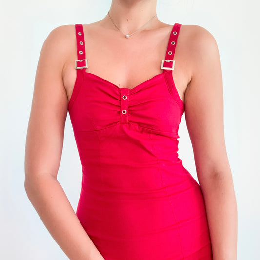 Y2K French Red Cargo Midi Dress / SZ S