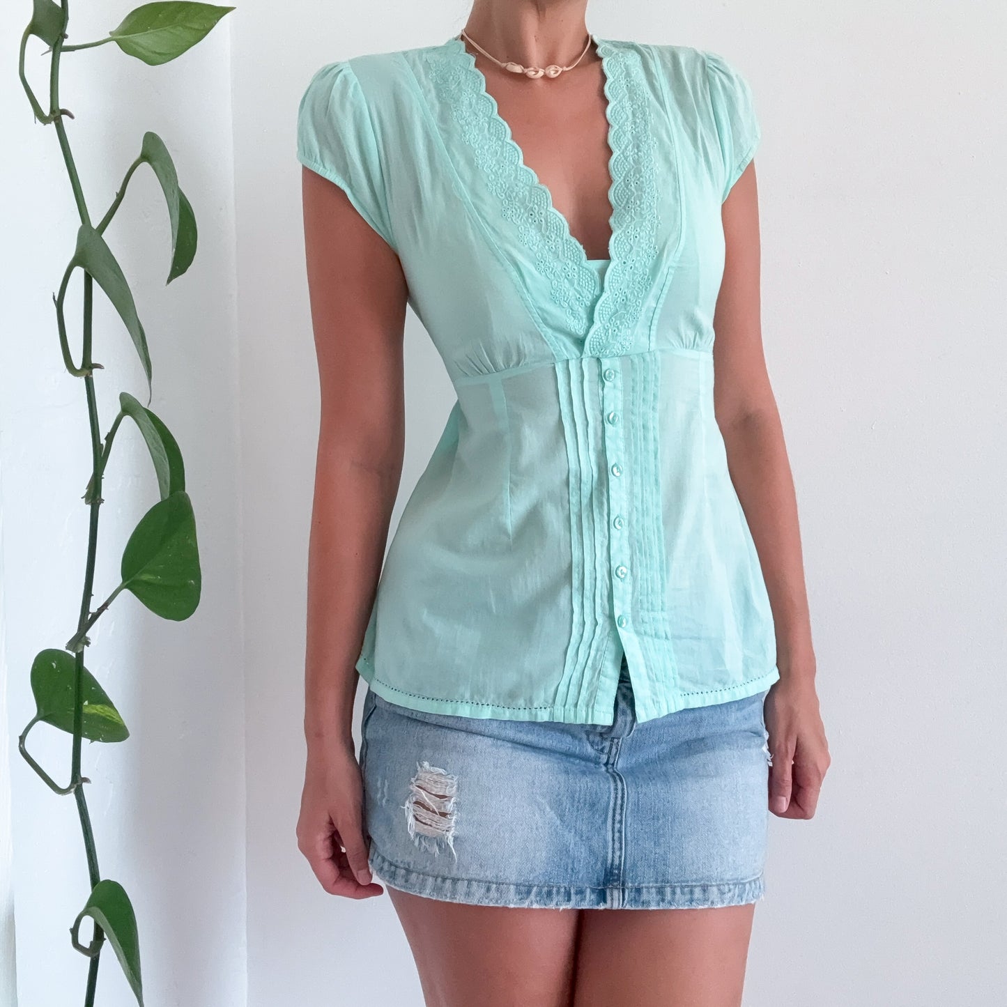 Y2K Aqua Cotton Embroidered Blouse / SZ M/L