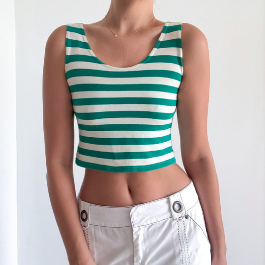 80's Green & Ivory Striped Crop Top / SZ M