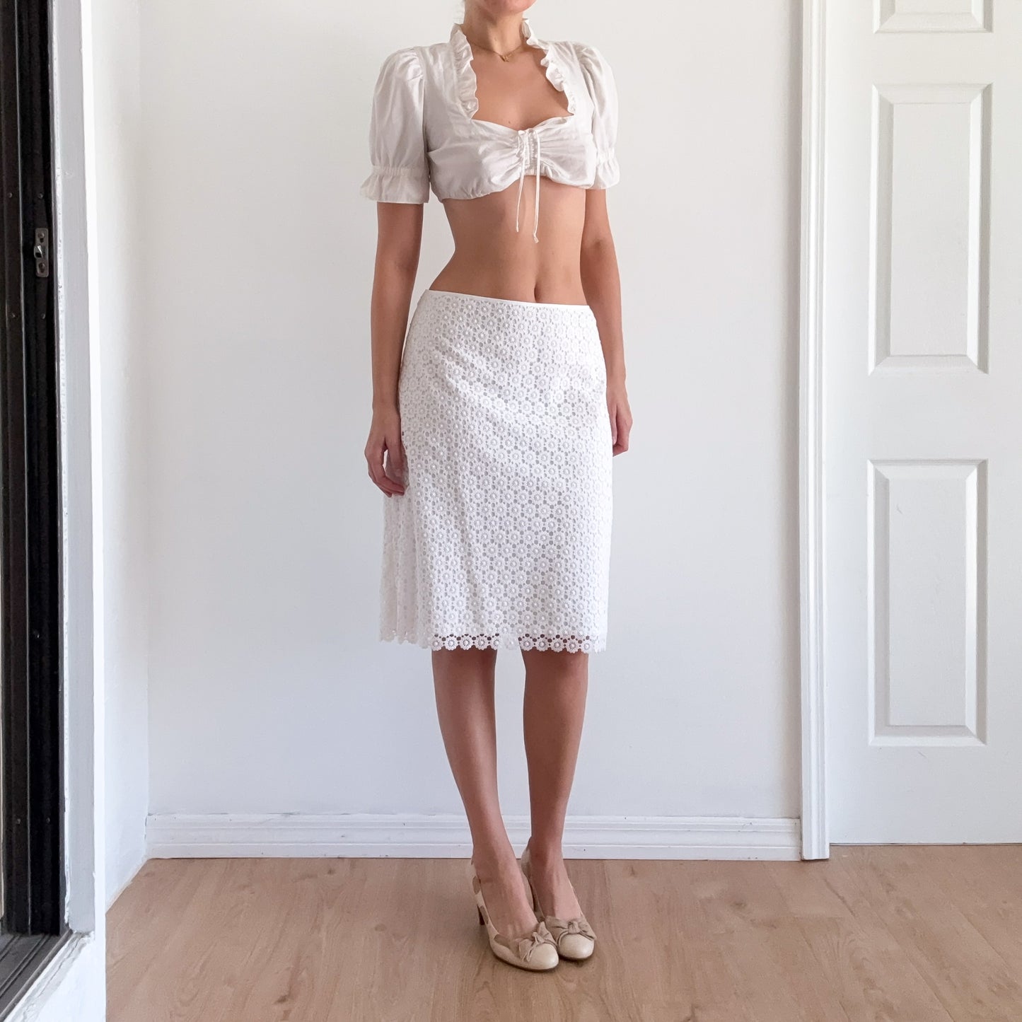 Y2K White Cotton Lace Midi Skirt / SZ M