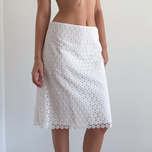Y2K White Cotton Lace Midi Skirt / SZ M