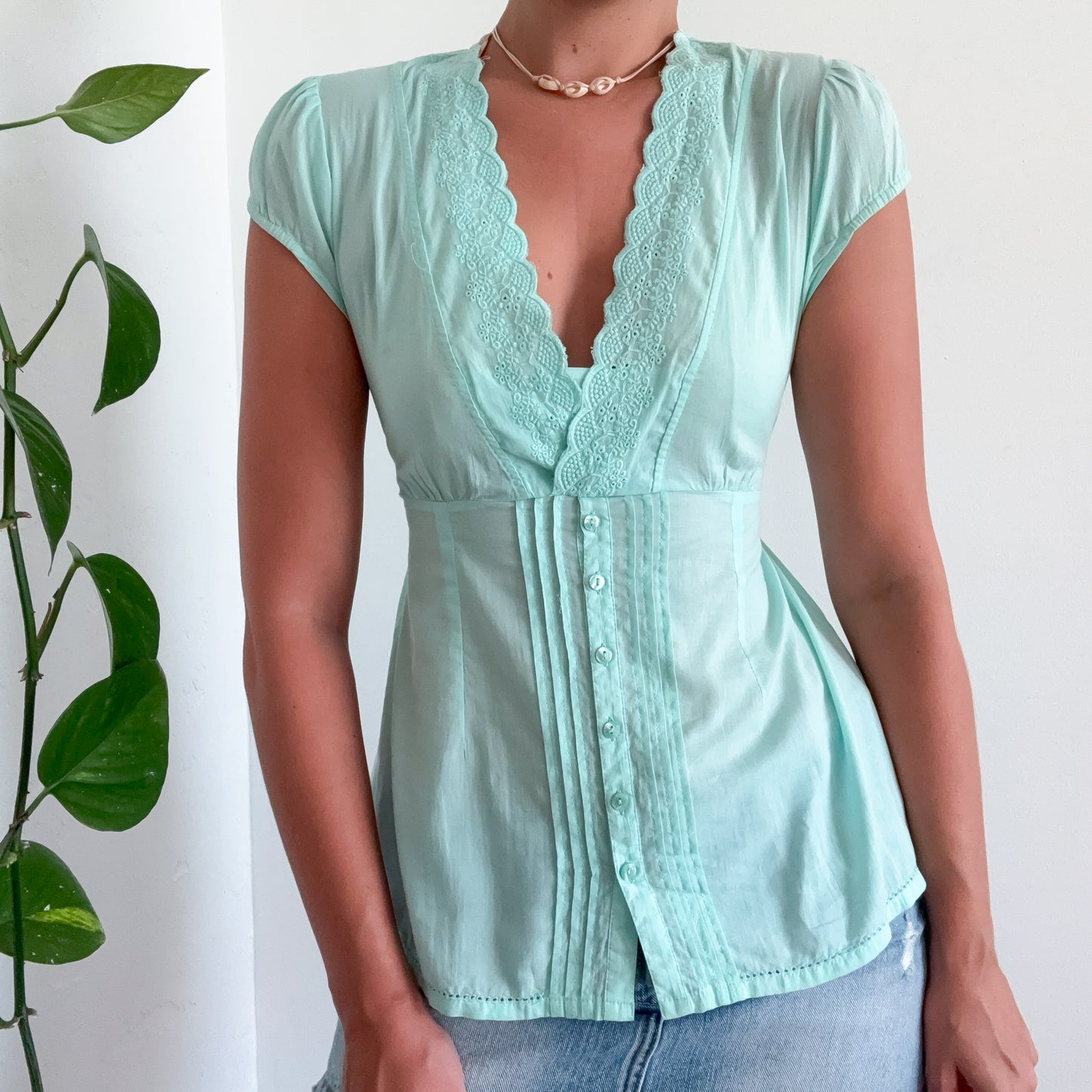 Y2K Aqua Cotton Embroidered Blouse / SZ M/L