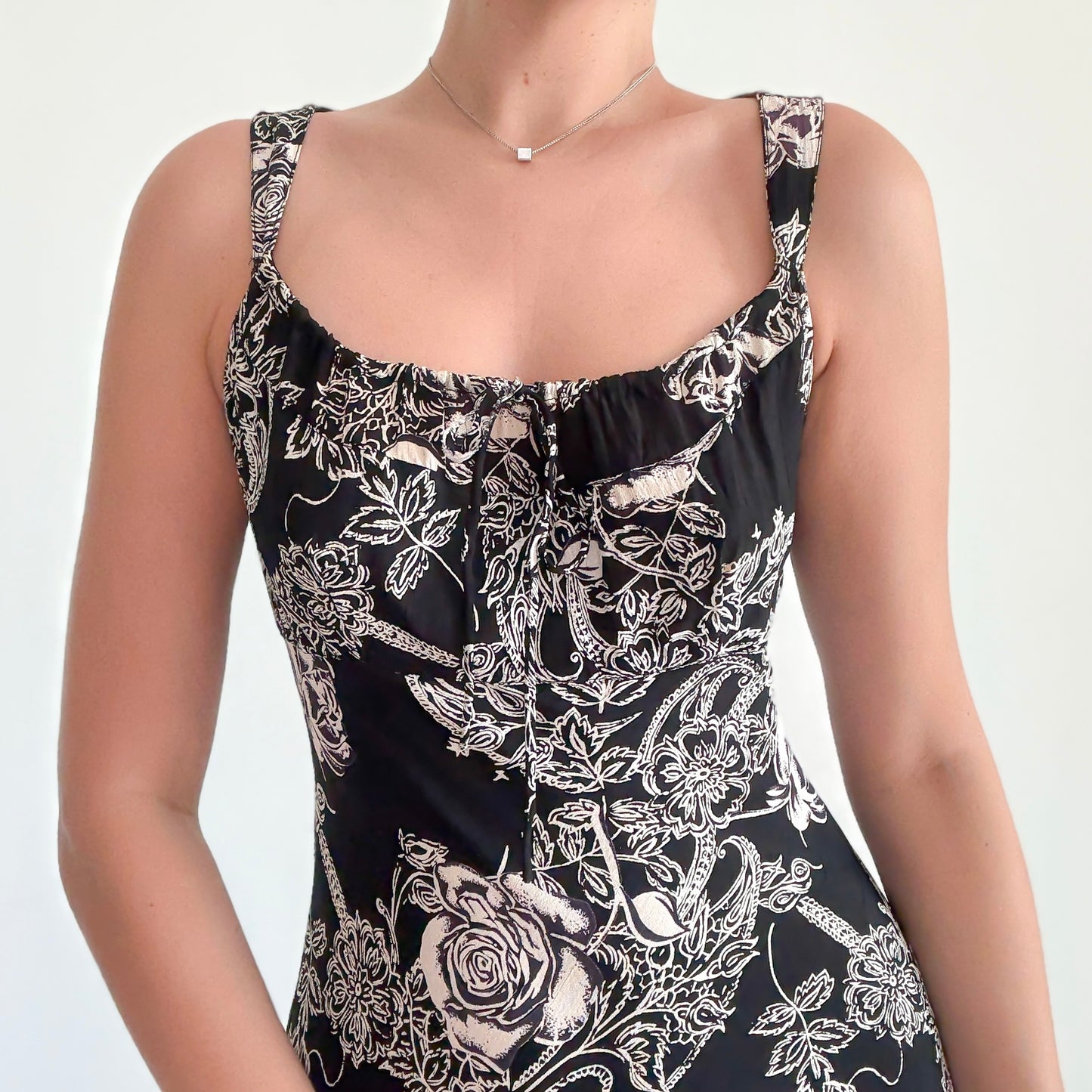 Y2K Black & Ivory Floral Rayon Midi Dress / SZ S