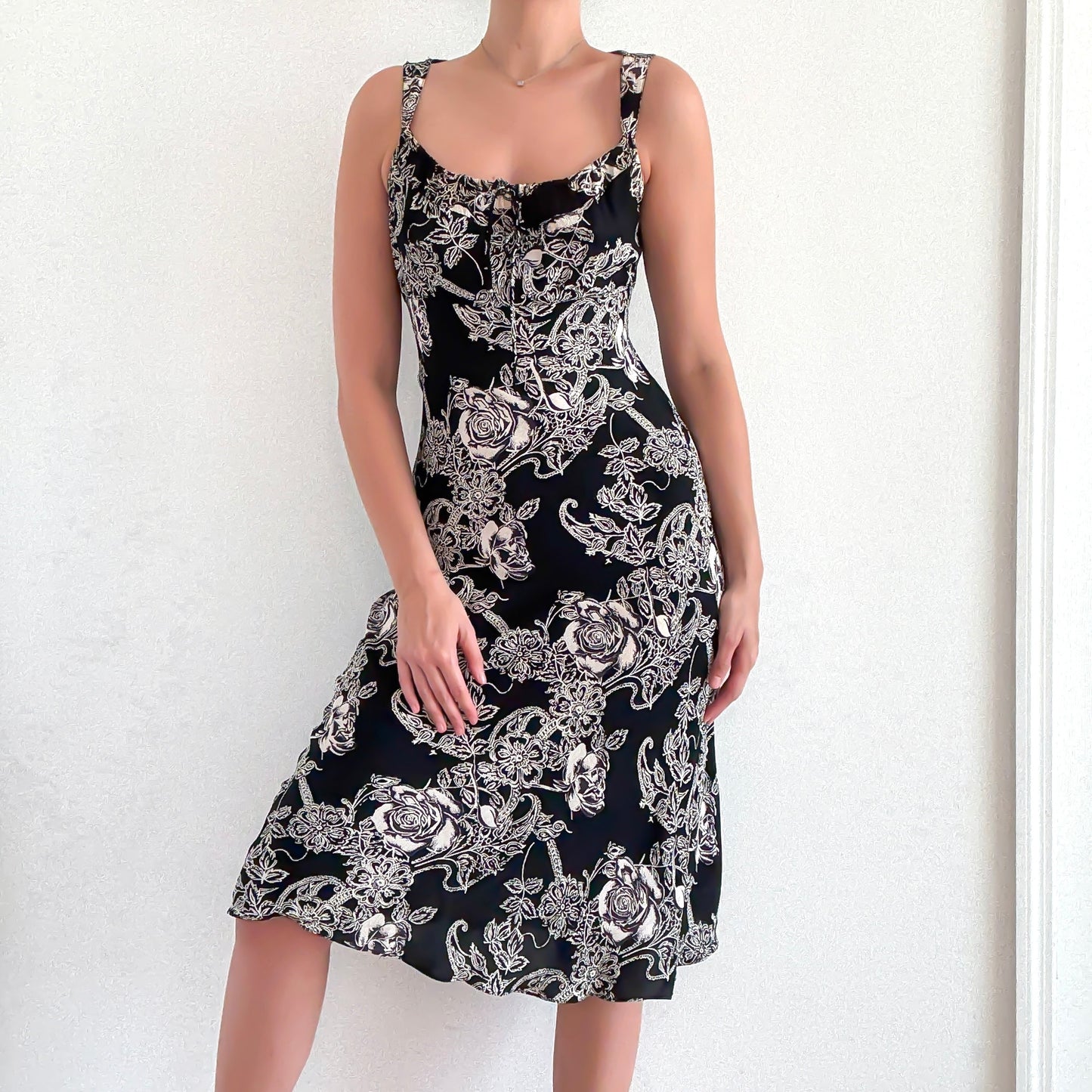 Y2K Black & Ivory Floral Rayon Midi Dress / SZ S
