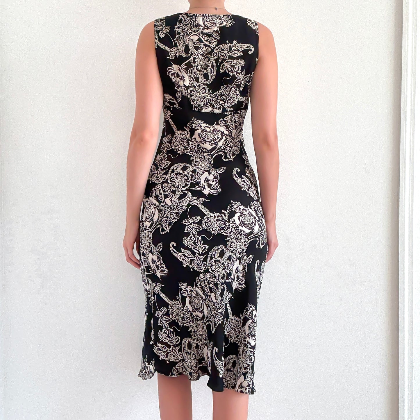 Y2K Black & Ivory Floral Rayon Midi Dress / SZ S