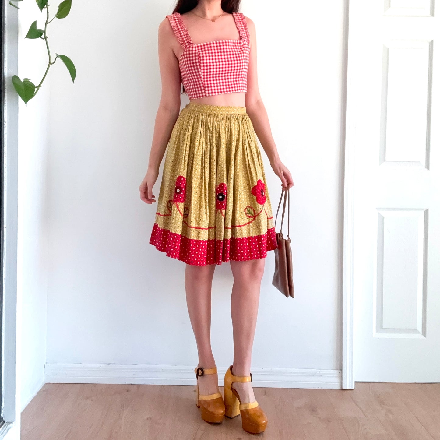 70's Yellow & Red Flower Midi Skirt / SZ 2