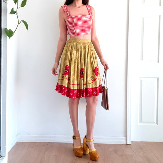 70's Yellow & Red Flower Midi Skirt / SZ 2