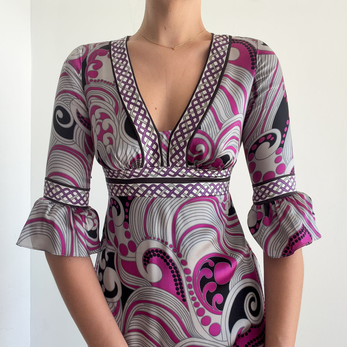 Y2K Purple & Grey Groovy Silk Dress / SZ XS