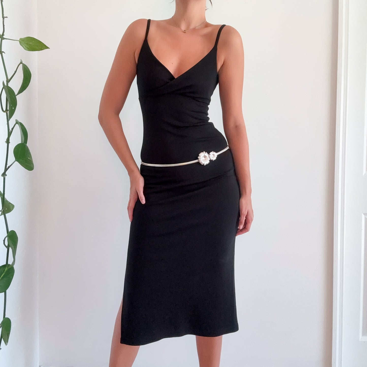 Y2K Black Slinky Slit Midi Dress / SZ XS-S