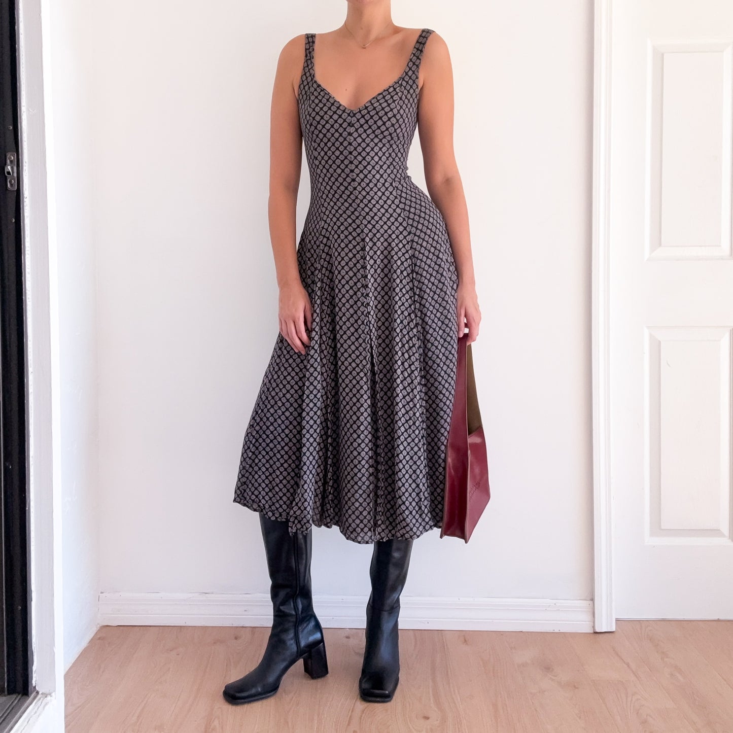 90's Navy Printed Rayon Carwash Midi Dress / SZ S