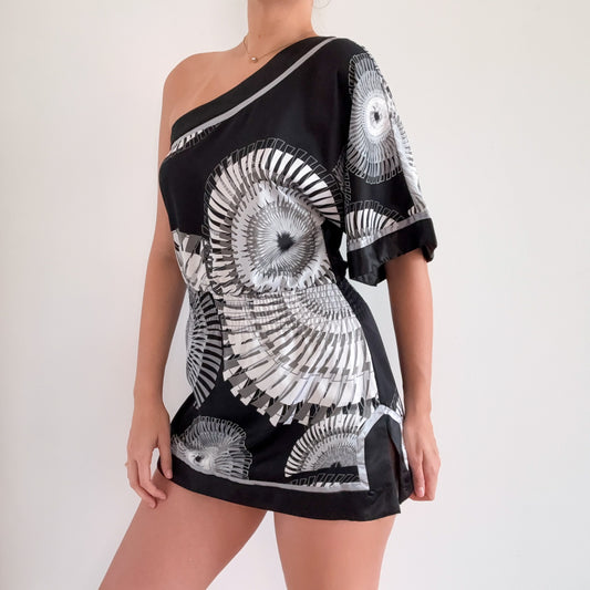 Y2K Black & Grey Printed One Shoulder Dress / SZ M