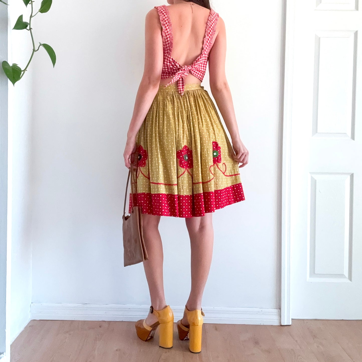 70's Yellow & Red Flower Midi Skirt / SZ 2