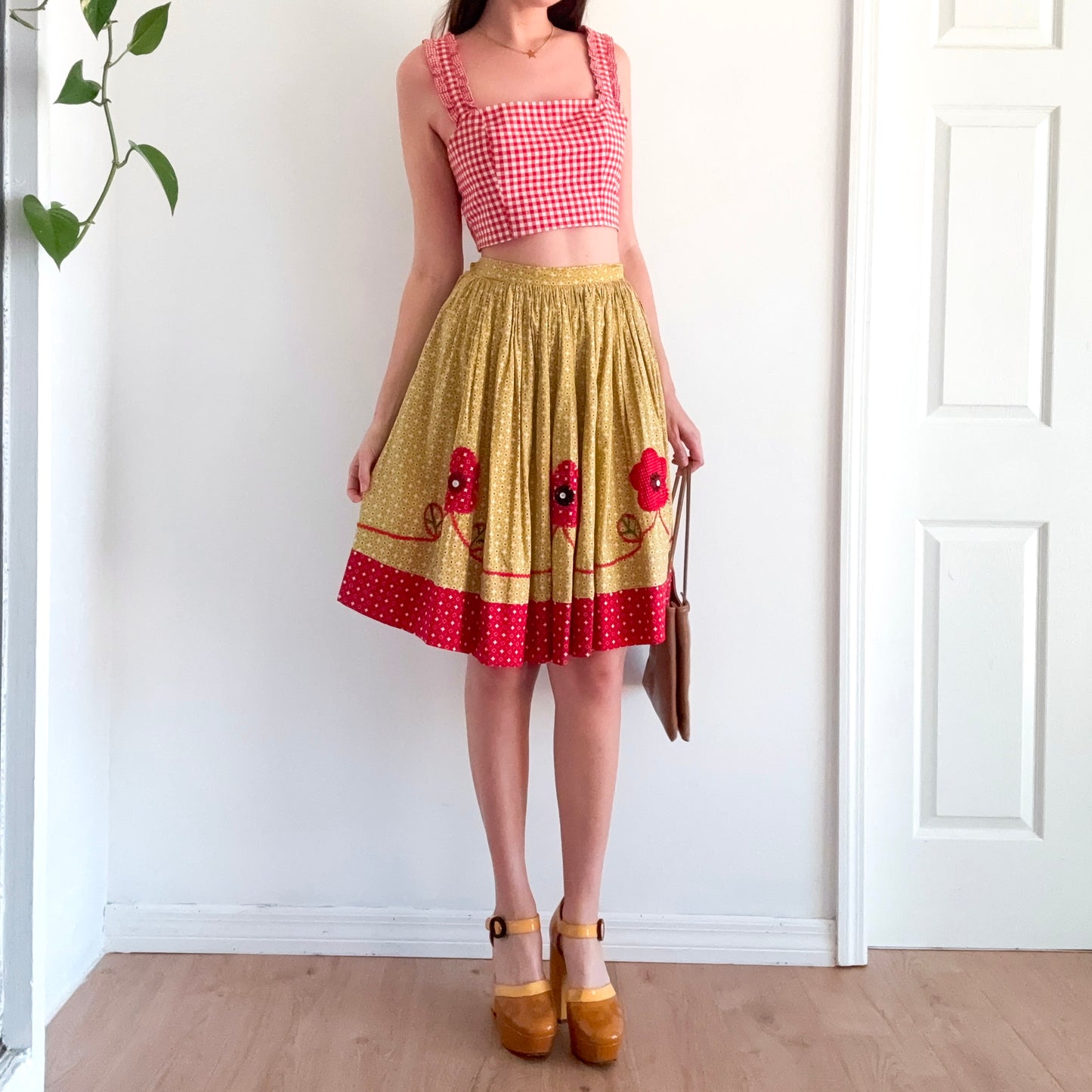 70's Yellow & Red Flower Midi Skirt / SZ 2
