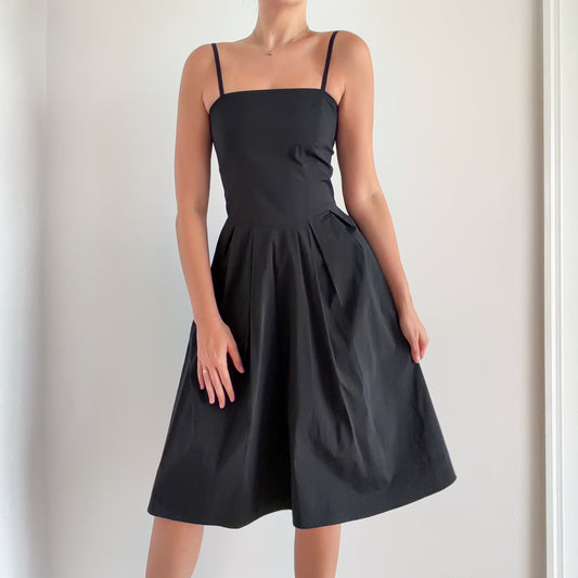 90's Black Drop Waist Nylon Midi Dress / SZ S