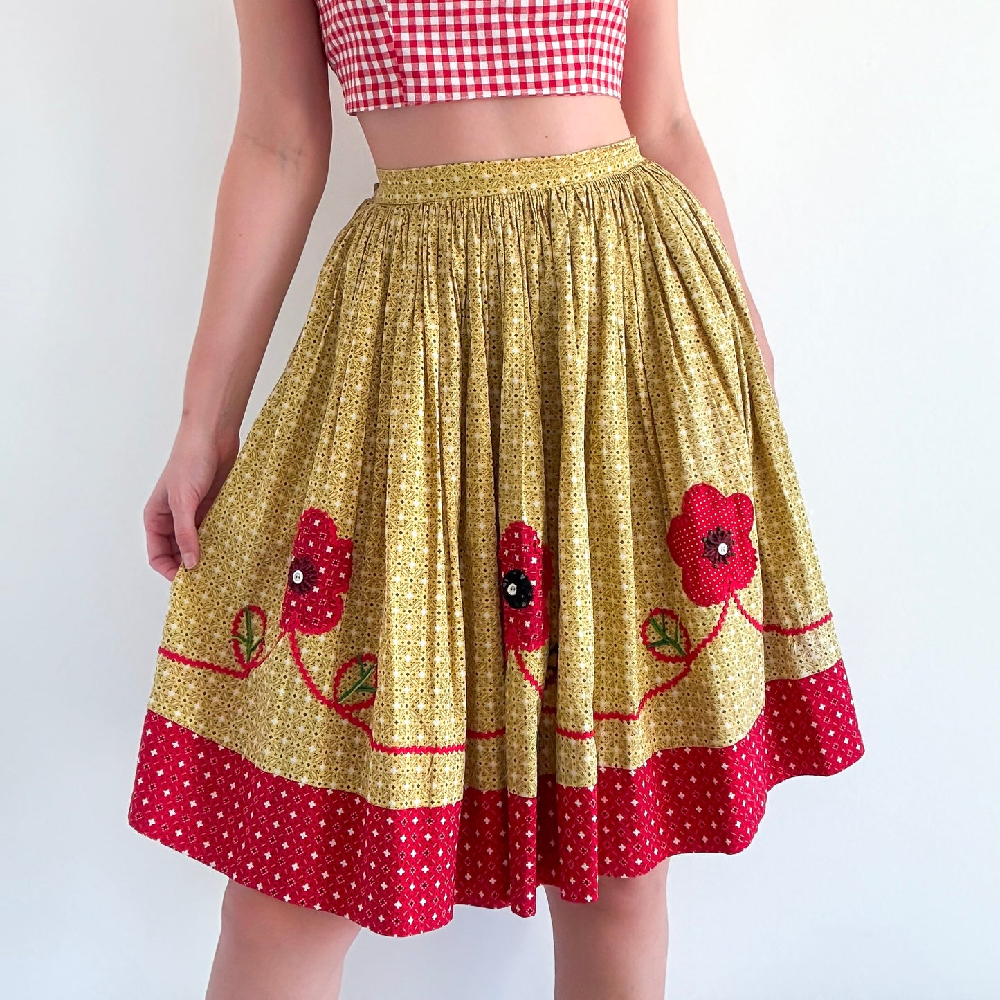 70's Yellow & Red Flower Midi Skirt / SZ 2