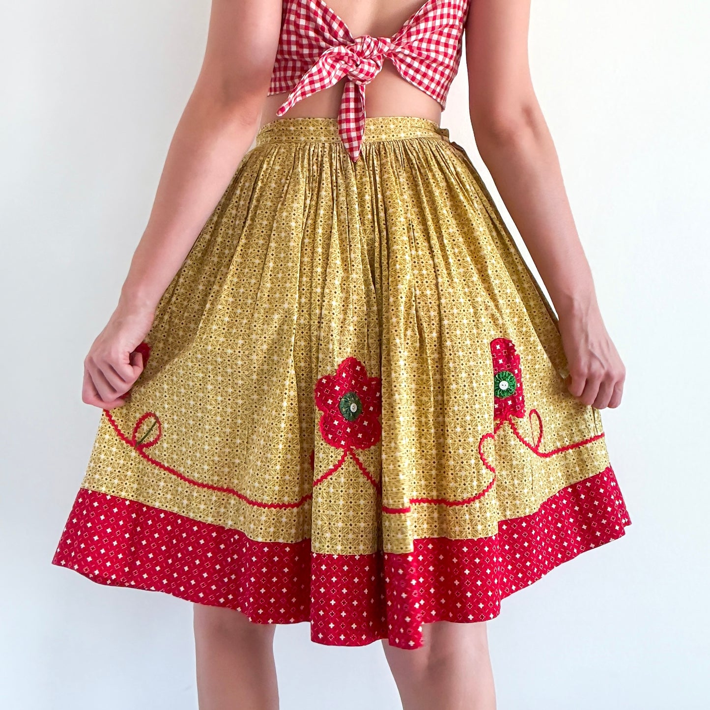 70's Yellow & Red Flower Midi Skirt / SZ 2