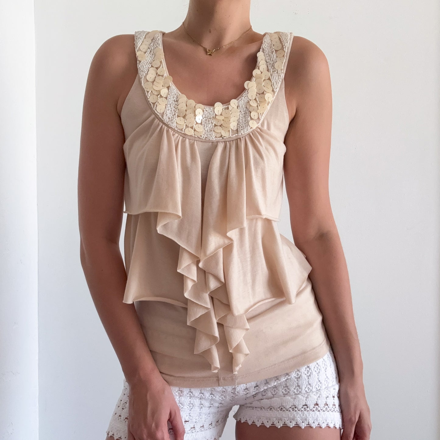 Y2K Cream Sequin Ruffle Top / SZ S