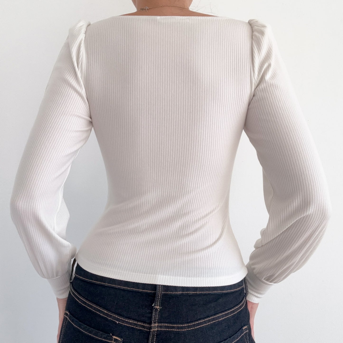 Reformation White Ribbed Balloon Sleeve Top / SZ M