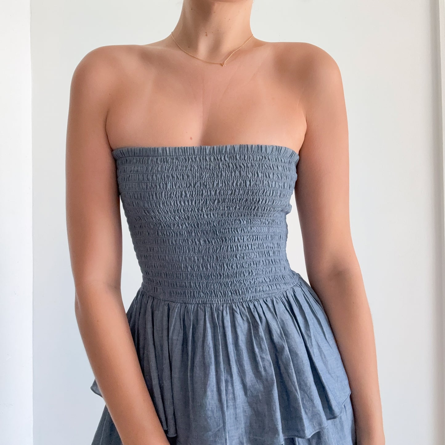 2010's Blue Chambray Ruffle Tube Dress / SZ S
