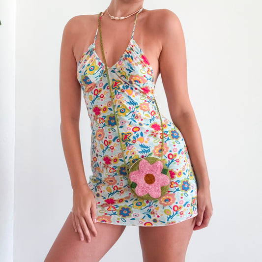 Y2K Green & Pink Flower Beaded Mini Purse