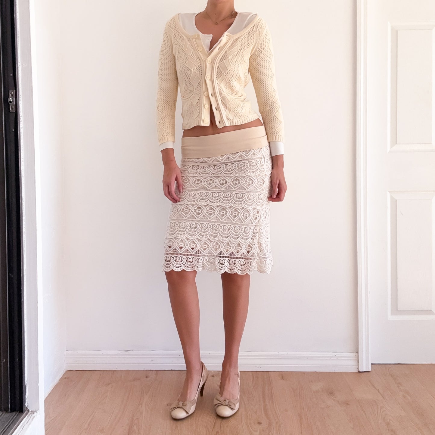 Y2K Cream Crochet Foldover Midi Skirt / SZ M