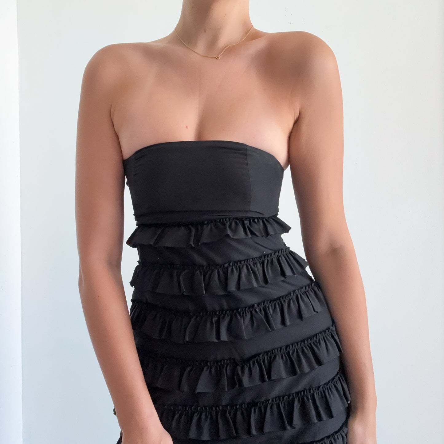 Y2K Black Silk Ruffle Tube Dress / SZ 0