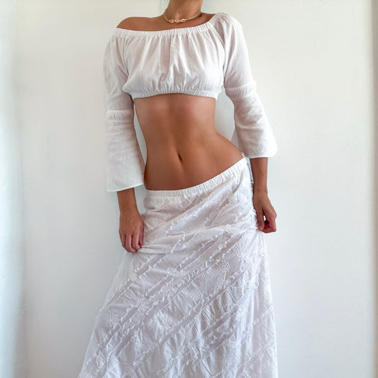 Y2K White Cotton Embroidered Maxi Skirt / SZ M-L