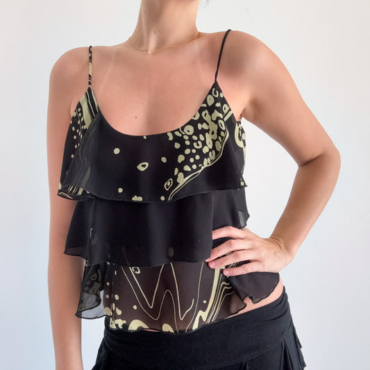 Y2K Black & Sage Printed Chiffon Top / SZ M