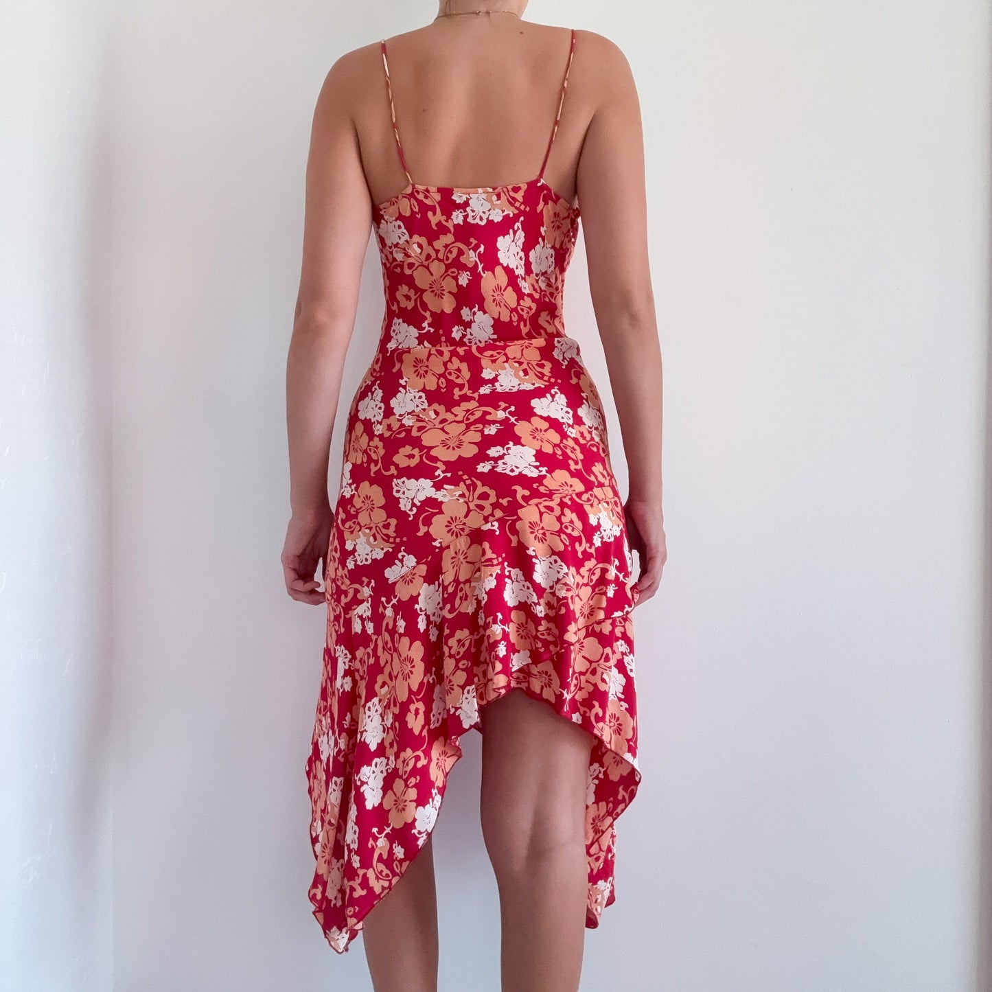 Y2K Red & Orange Rayon Floral Midi Dress / SZ S-M