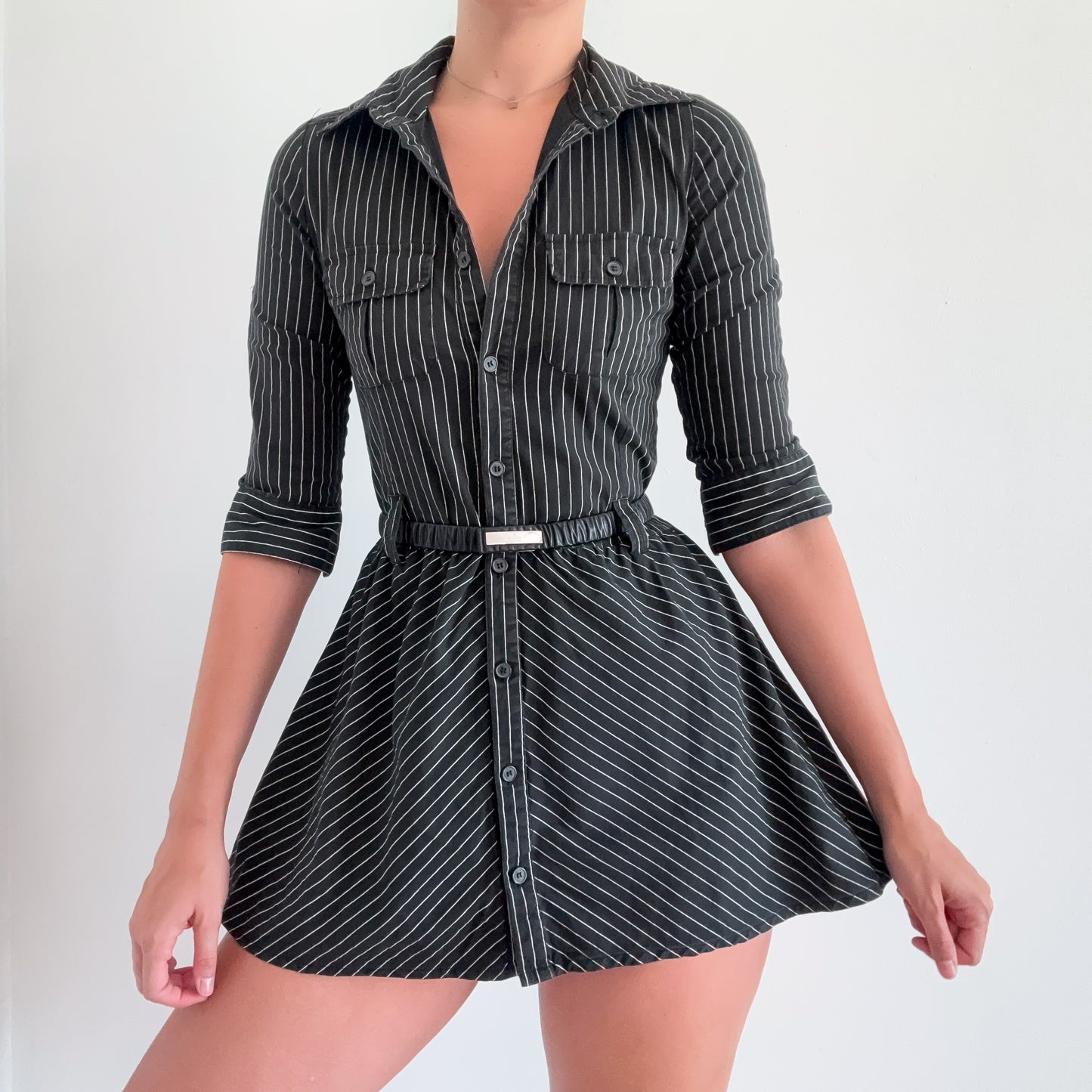 Y2K Black Pinstripe Button Flare Mini Skirt / SZ S