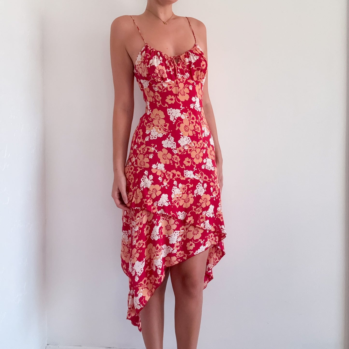 Y2K Red & Orange Rayon Floral Midi Dress / SZ S-M