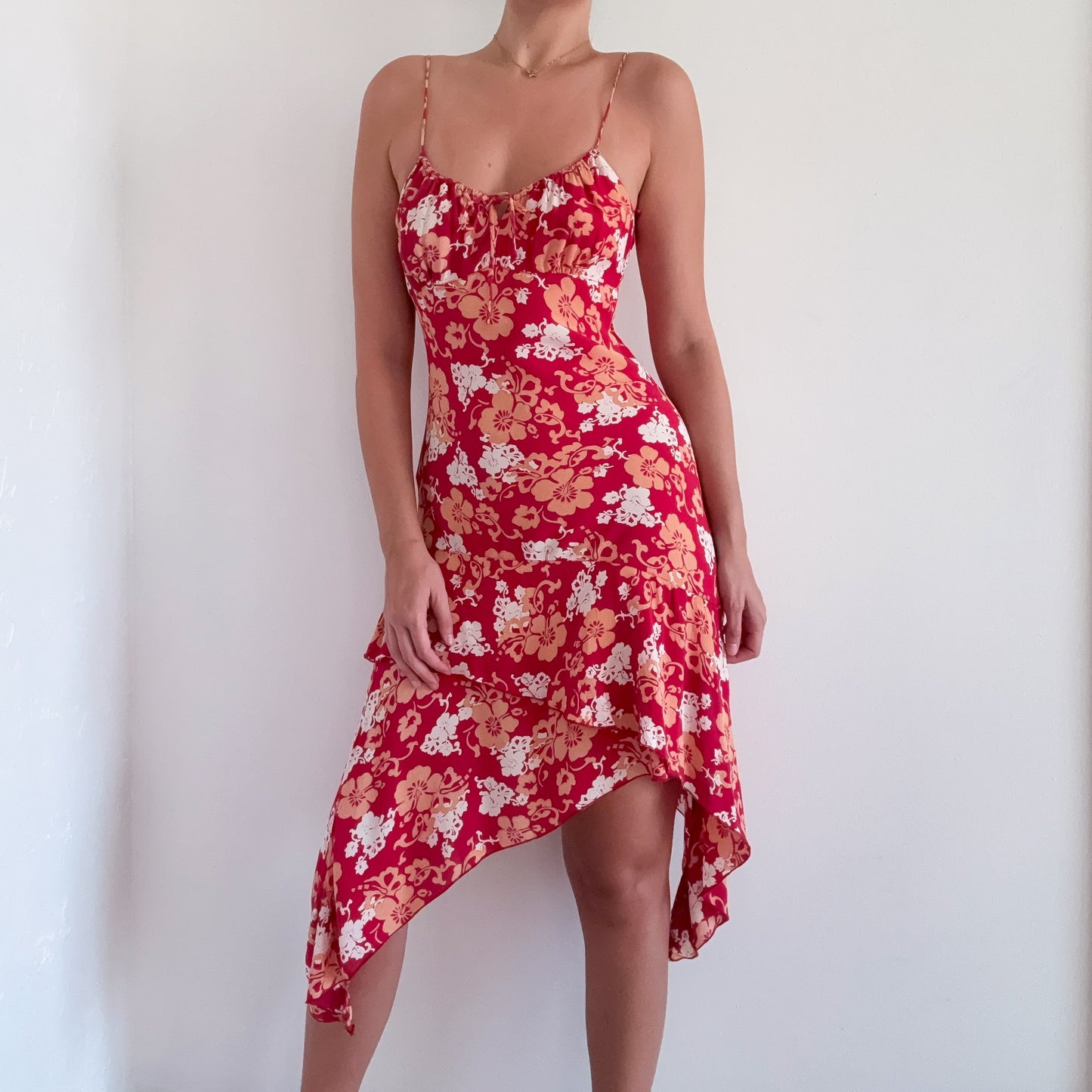 Y2K Red & Orange Rayon Floral Midi Dress / SZ S-M