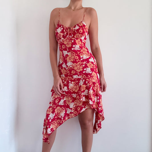 Y2K Red & Orange Rayon Floral Midi Dress / SZ S-M