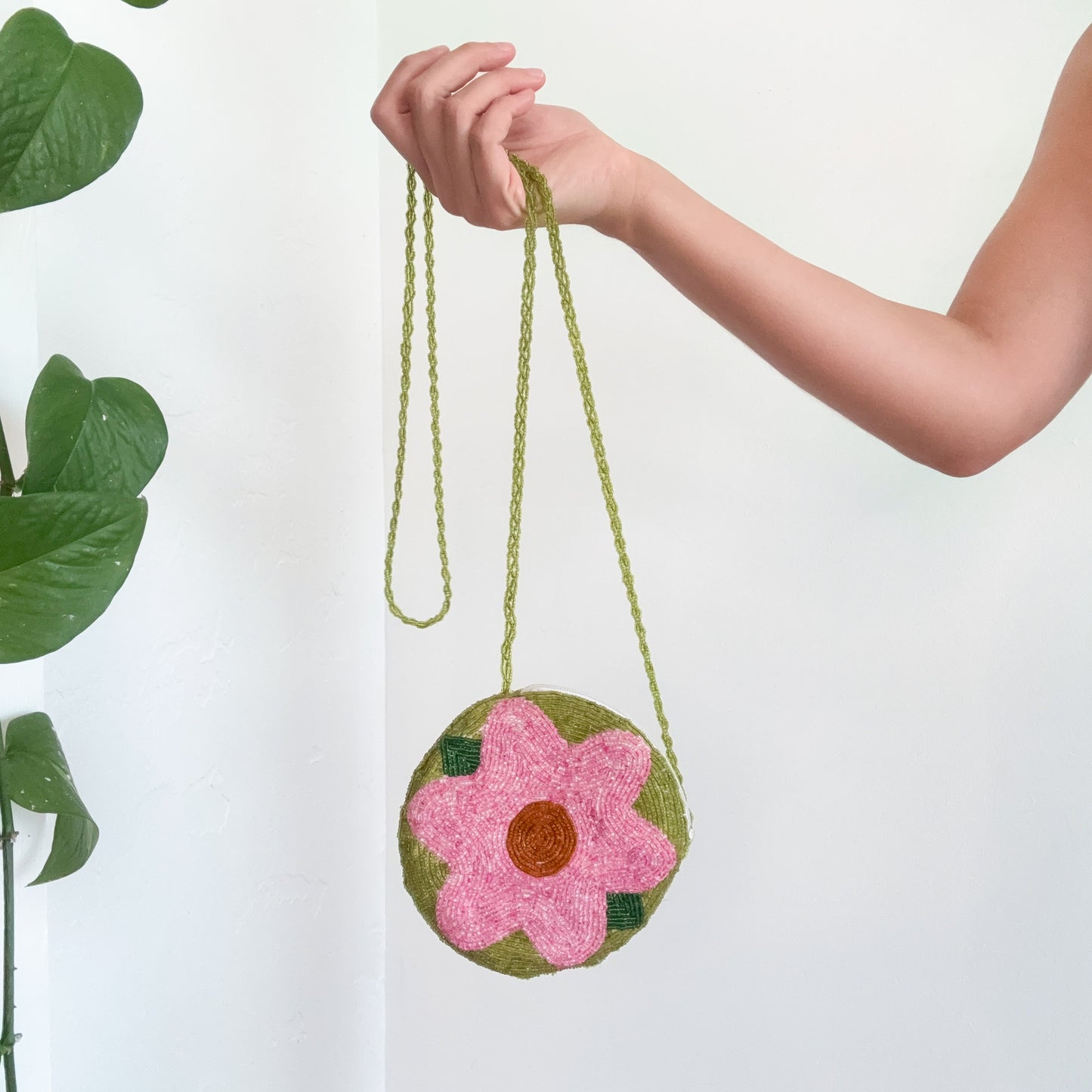 Y2K Green & Pink Flower Beaded Mini Purse