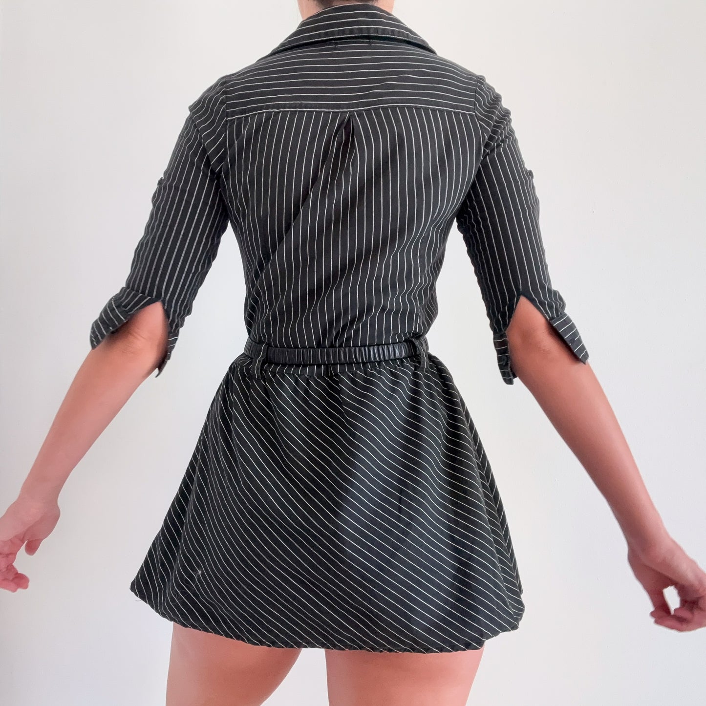 Y2K Black Pinstripe Button Flare Mini Skirt / SZ S