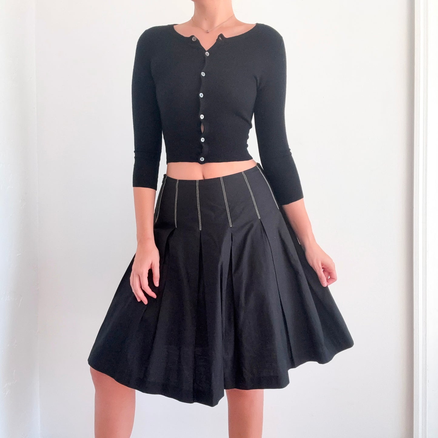 Y2K Black Cotton Contrast Pleated Midi Skirt / SZ 4